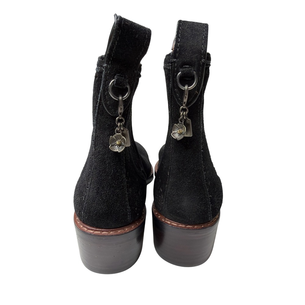 Coach Black Suede Floral Laser Cut Pointed Toe Chelsea Ankle Boots Womens 5.5 - Picture 4 of 6